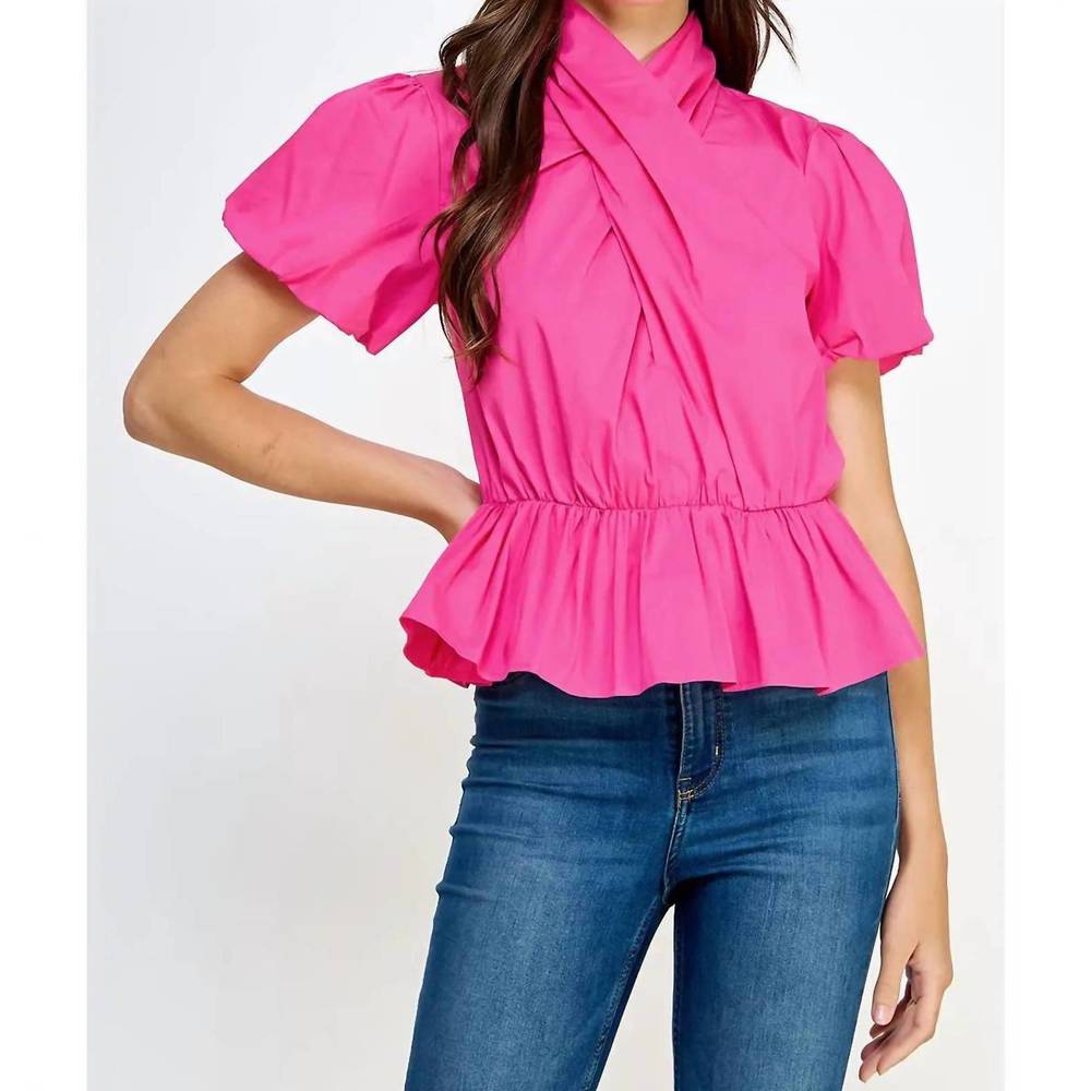 Women’s Pink Puff-Sleeve Peplum Blouse